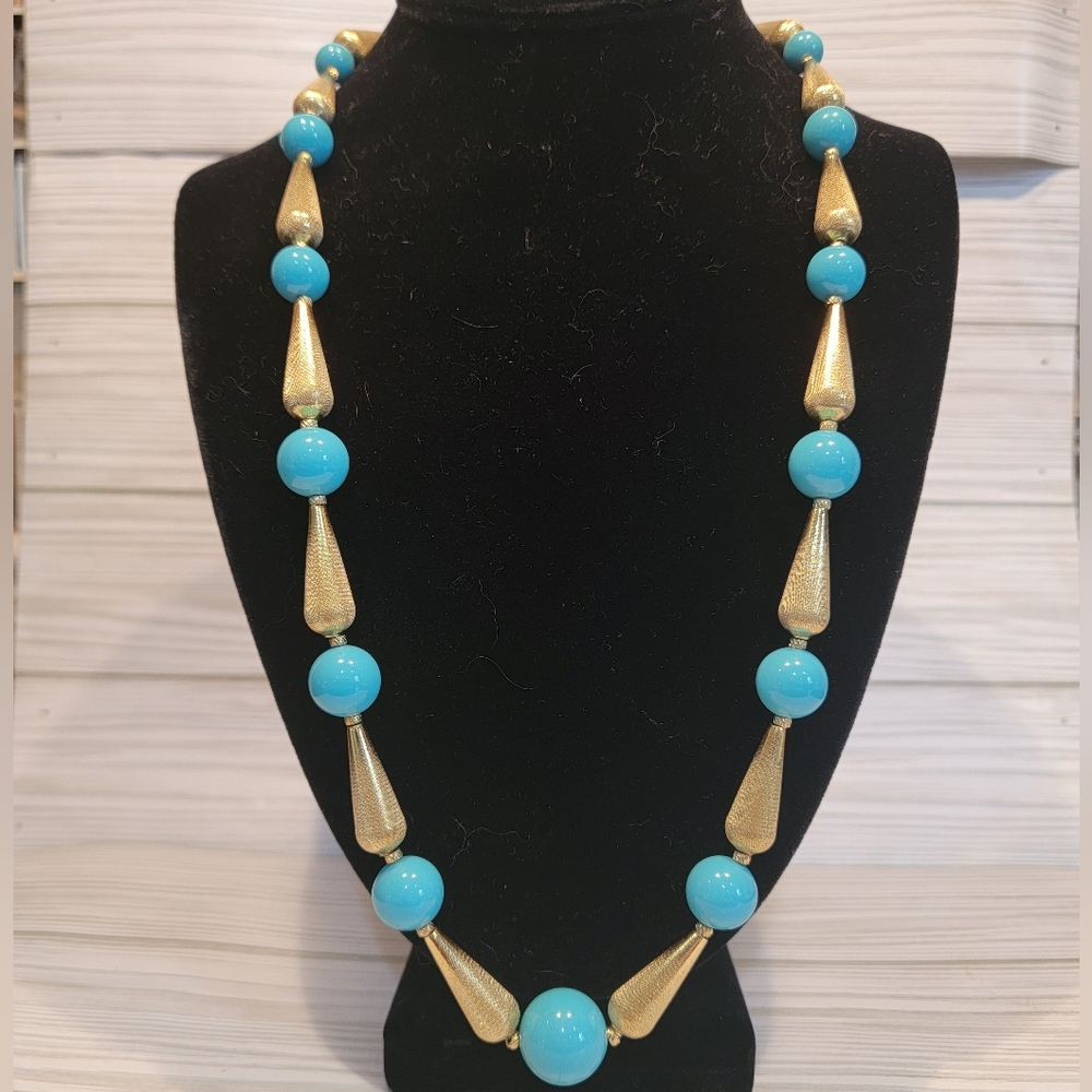 Vintage Blue & Gold Tone Beaded Statement Necklace 26”